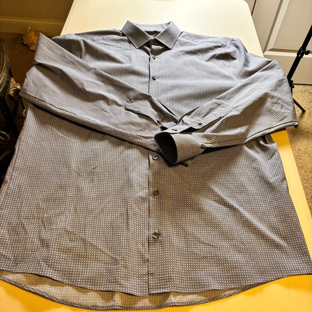J.Ferrar Stretch Dress Shirt Men's Large Blue Geometric Button Front Regular Fit